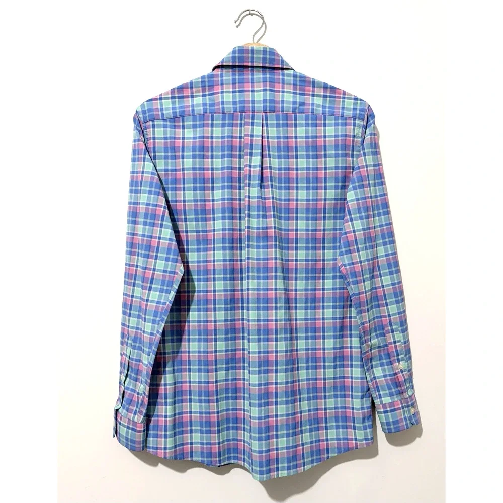 Vineyard Vines Performance Shirt Boys XL 18 Blue Pink Plaid Long Sleeve Logo